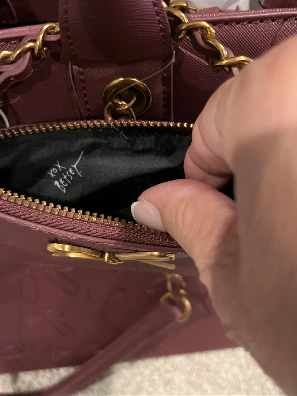 Betsey Johnson Maroon Embossed Bow Tote and Pouch with Gold Accents
